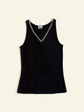 Vintage Y2K Tampa Black Rhinestone V-Neck Tank Top Ribbed Knit Sleeveless Size S